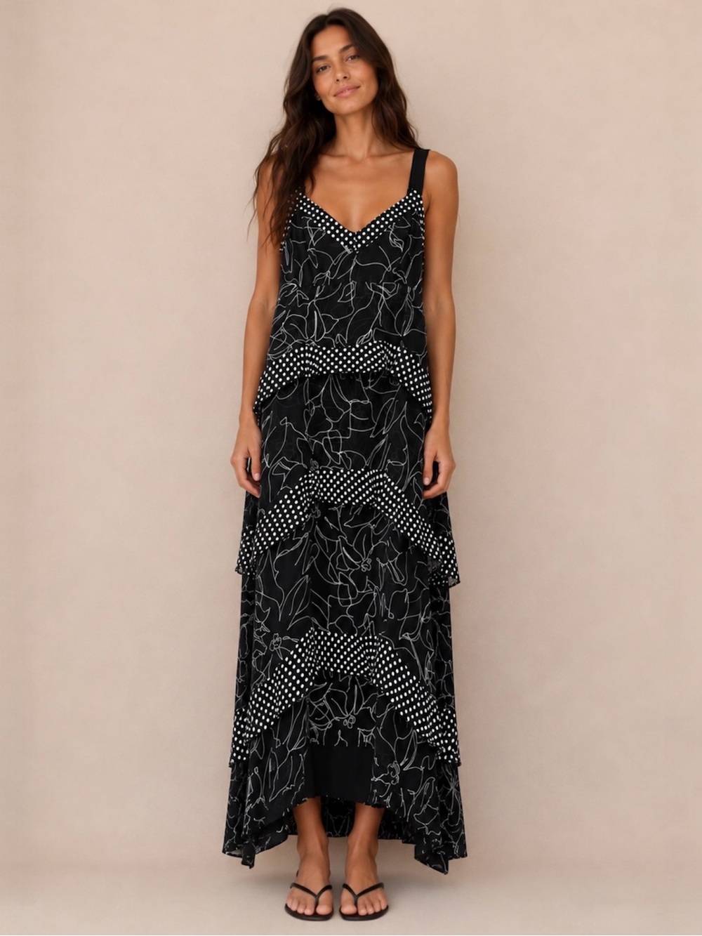 Taylor Black Floral & Polka Dot Tiered Maxi Dress Size 6, Flowy Asymmetrical Hem